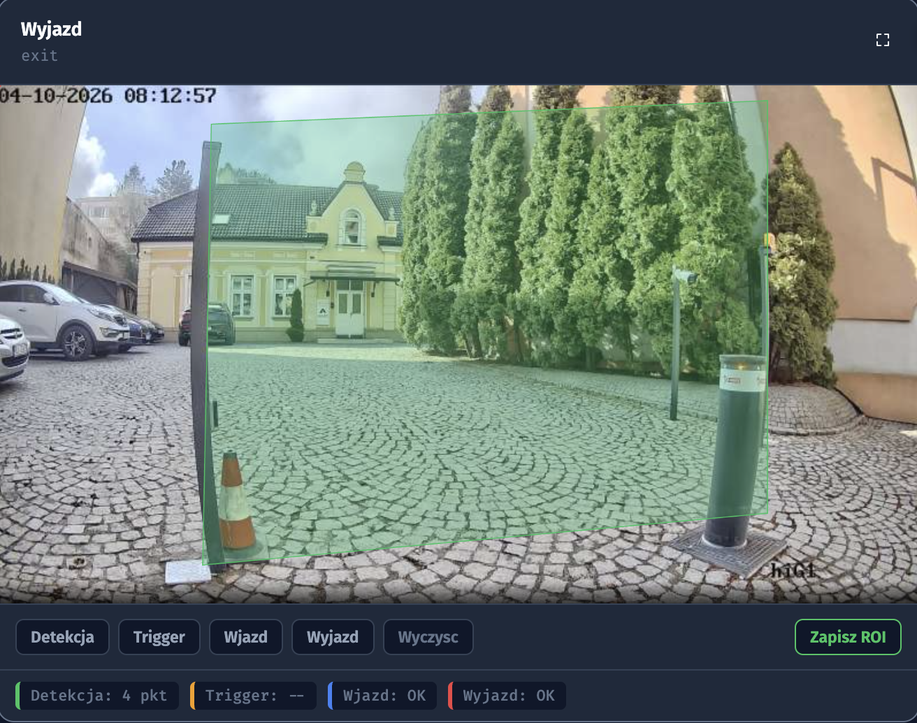 Panel konfiguracji ROI kamery wyjazdowej systemu ANPR GMWEB z podglądem z kamery i detekcją 4 punktów